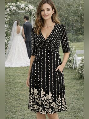 Jones New York  Women’s Black White Floral Ruched Dress Midi Sz 6 Party Office